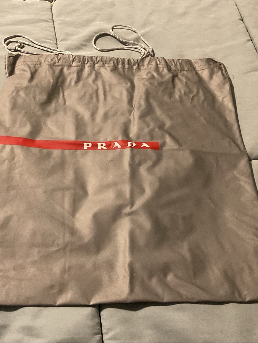 Prada Taupe Nylon Drawstring Tote with Red Logo Stripe